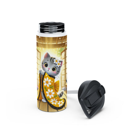 Playful Kitten in the Tea Room Stainless Steel Water Bottle, Standard Lid