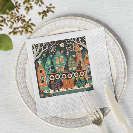 Night of the Trick-or-Treating Owlets White Coined Napkins