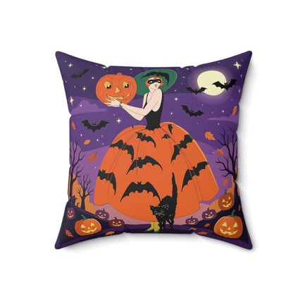 🎃🌕 The Pumpkin Moon Enchantress Square Pillow – Elegant Halloween Masquerade