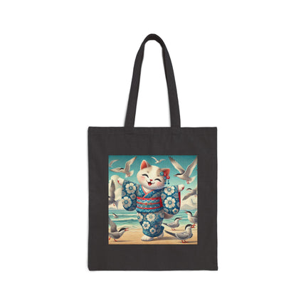 Geisha Kitten by the Seaside Cotton Canvas Tote Bag