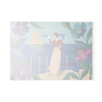 🔭⛵ The Lady Of The Seaside Spyglass Glass Cutting Board – Art Deco Coastal Elegance