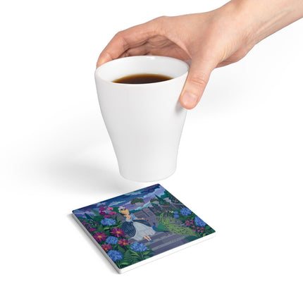 🦚🌸 The Peacock Garden Terrace Ceramic Coaster – Art Deco Floral Elegance