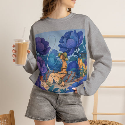 💙🌸 The Lady Among The Blue Blossoms Crewneck Sweatshirt – Art Deco Floral Reverie