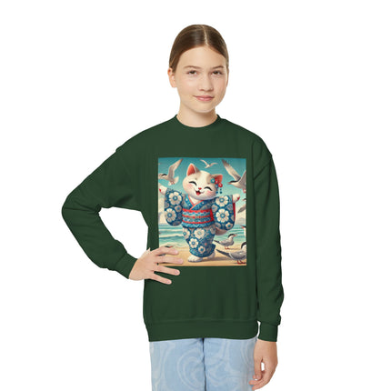 Geisha Kitten by the Seaside Youth Crewneck Sweatshirt – Coastal Charm, Joy & Whimsical Elegance