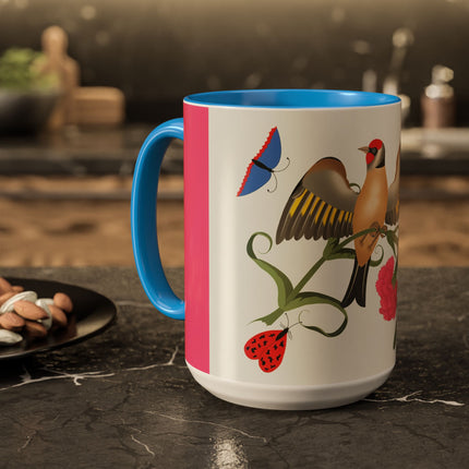 Goldfinch & Pink Flowers Colorful Mugs – Vibrant Spring & Bold Beauty