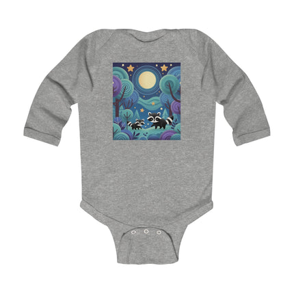 Enchanted Nighttime Raccoons Baby Long Sleeve Bodysuit – Whimsical Forest Night Sky Design