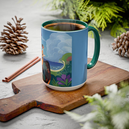 The Lady And The Sea Breeze Colorful Mugs – Art Deco Coastal Serenity