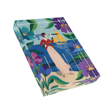 🌊🔭 The Lady Of The Seaside Lookout Acrylic Art Block – Art Deco Nautical Whimsy