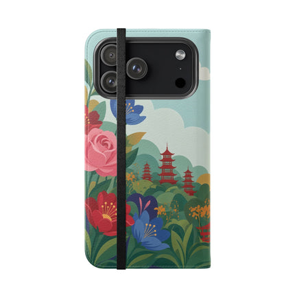 🌸🏯 The Lady Of The Pagoda Garden Flip Case – Art Deco Floral Fantasy