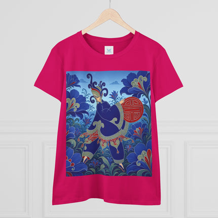 💙🌺 The Imperial Blue Garden Cotton Tee – Art Deco Oriental Elegance