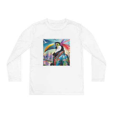 Cyber Toucan Chic Youth Long Sleeve Competitor Tee – Neon Feathers & Futuristic Style
