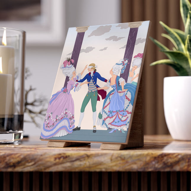 🎭🌸 Blindman’s Bluff Ceramic Tile – Rococo Courtship Whimsy