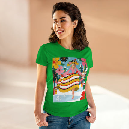 🎄🌸 The Christmas Blossom Belle Cotton Tee – Art Deco Holiday Whimsy