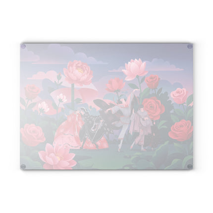 🌹🎭 The Rose Garden Masquerade Glass Cutting Board – Art Deco Floral Fantasy