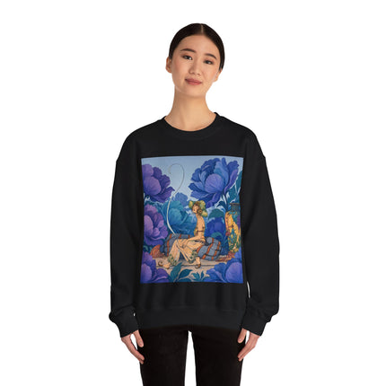 💙🌸 The Lady Among The Blue Blossoms Crewneck Sweatshirt – Art Deco Floral Reverie