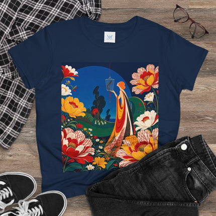 🌺🐦 The Enchanted Birdcage Garden Cotton Tee – Art Deco Floral Fantasy