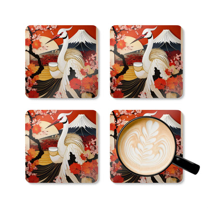 Crane at an Autumn Vineyard Corkwood Coaster Set
