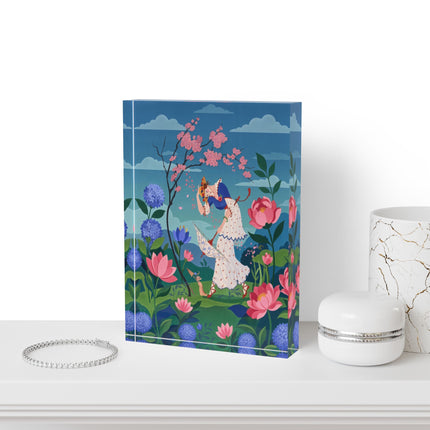 🌸☂️ The Lady Of The Falling Blossoms Acrylic Art Block – Art Deco Garden Whimsy
