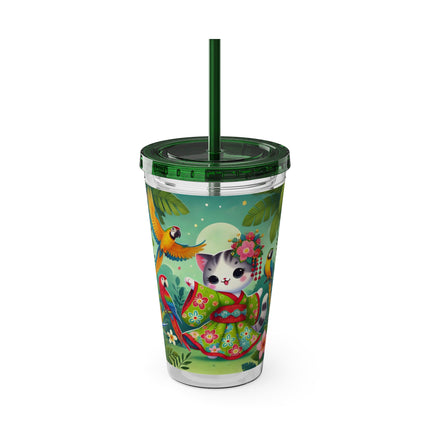 Parrot Dance of the Geisha Kitten Sunsplash Tumbler with Straw, 16oz