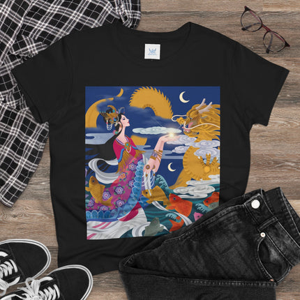 Dragon Pearl Offering Women's Midweight Cotton Tee – Mystical Fantasy & Golden Grace