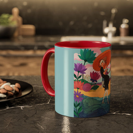 The Lady Of The Coral Parasol Colorful Mugs – Art Deco Coastal Elegance