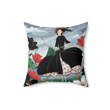 🌧️🌺 The Stormy Flower Walk Square Pillow – Art Deco Floral Fashion