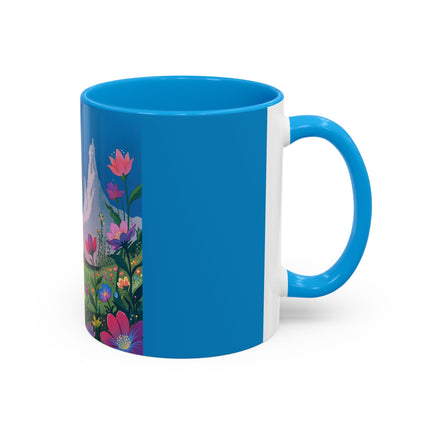The Lady And The Moonlit Peak Colorful Mugs – Art Deco Alpine Garden Elegance