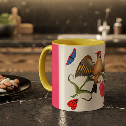 Goldfinch & Pink Flowers Colorful Mugs – Vibrant Spring & Bold Beauty