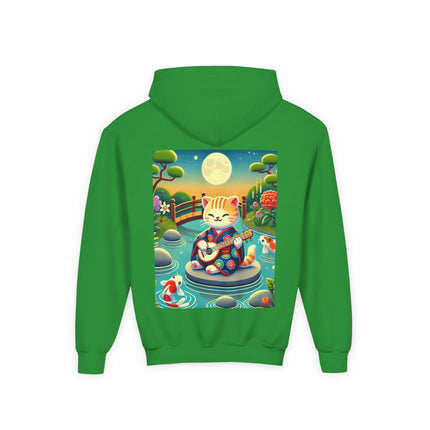 Melodic Kitten by the Koi Pond Youth Hooded Sweatshirt – Peaceful Harmony & Playful Music