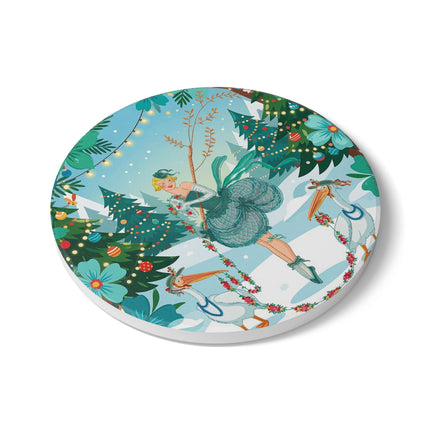 🦩🎄 The Lady Of The Christmas Garland Birds Ceramic Coaster – Whimsical Art Deco Holiday Fantasy