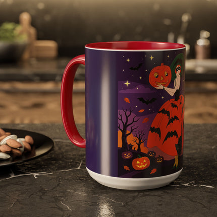 🎃🌕 The Pumpkin Moon Enchantress Colorful Mug – Elegant Halloween Masquerade