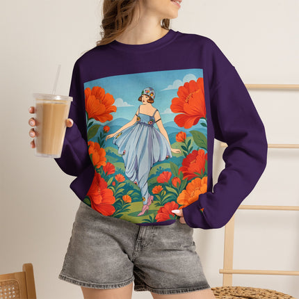 🌺🩵 The Poppy Hill Promenade Crewneck Sweatshirt – Art Deco Fashion Whimsy