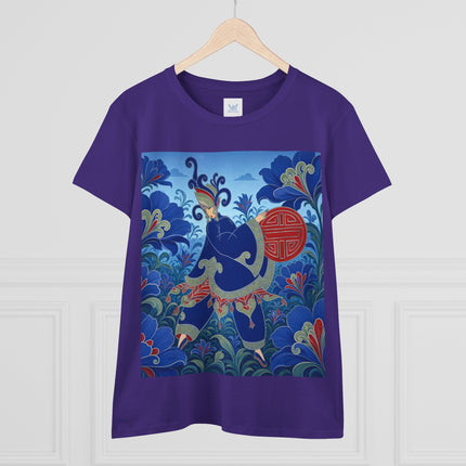 💙🌺 The Imperial Blue Garden Cotton Tee – Art Deco Oriental Elegance