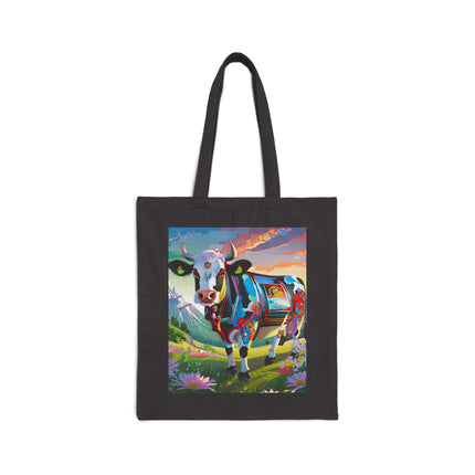 Cyber Glitch Cow Cotton Canvas Tote Bag