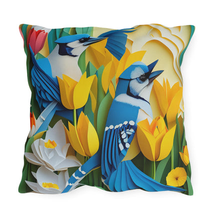 Blue Jays in a Spring Garden Outdoor Pillows