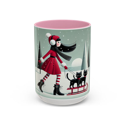 Red Sled & Curious Cats Colorful Mugs (11oz, 15oz)