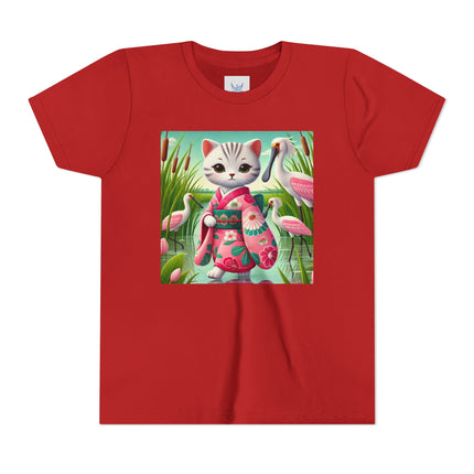 Geisha Kitten Strolls Among the Spoonbills Youth Short Sleeve Tee