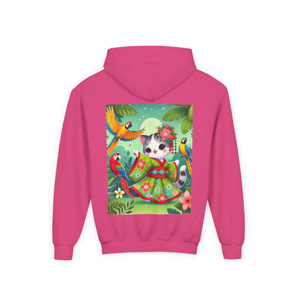 Parrot Dance of the Geisha Kitten Youth Hooded Sweatshirt – Tropical Joy & Whimsical Color