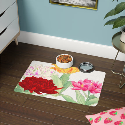 Vintage Tulip & Peony Harmony Pet Food Mat – Crimson & Gold