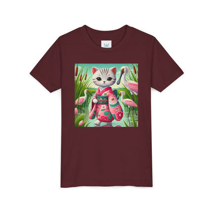 Geisha Kitten Strolls Among the Spoonbills Youth Short Sleeve Tee