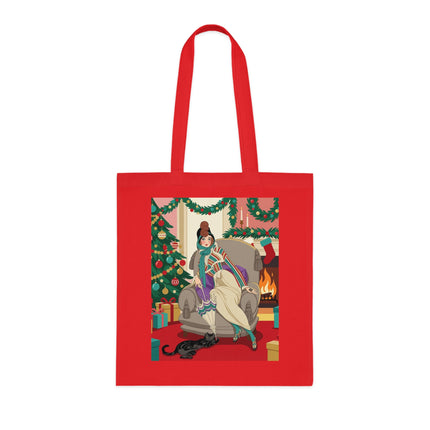 🔥🎄 The Lady Of The Christmas Hearth Cotton Tote Bag – Art Deco Holiday Warmth