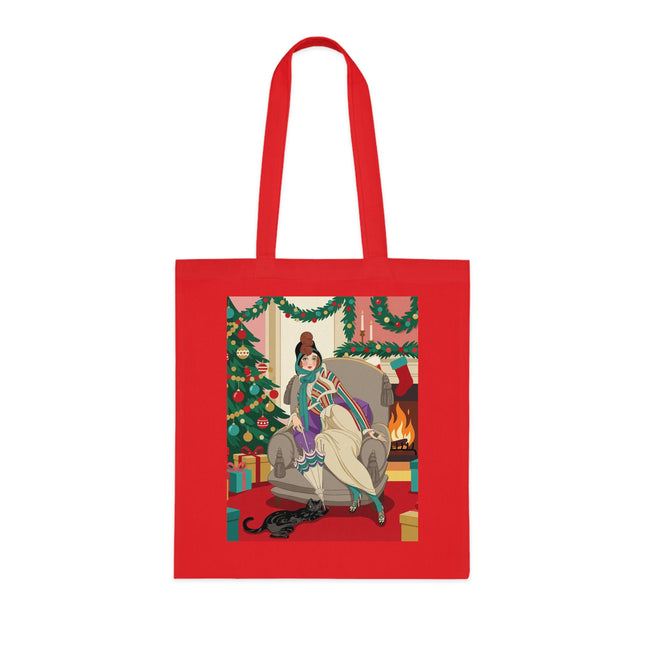 🔥🎄 The Lady Of The Christmas Hearth Cotton Tote Bag – Art Deco Holiday Warmth