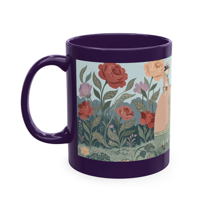 🐈🥾 The Lady & Puss In Boots In The Flower Garden Ceramic Mug – Art Deco Storybook Whimsy
