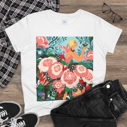 🌸🐦 The Girl Of The Little Birds Cotton Tee – Art Deco Floral Whimsy