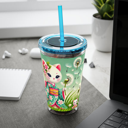Geisha Kitten and the Dandelion Wish Sunsplash Tumbler with Straw, 16oz