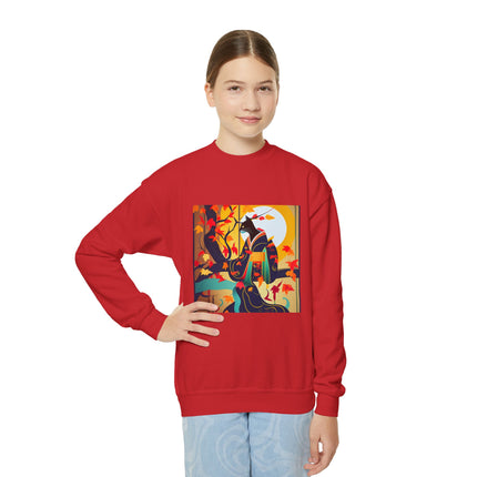 Black Cat in Kimono Youth Crewneck Sweatshirt