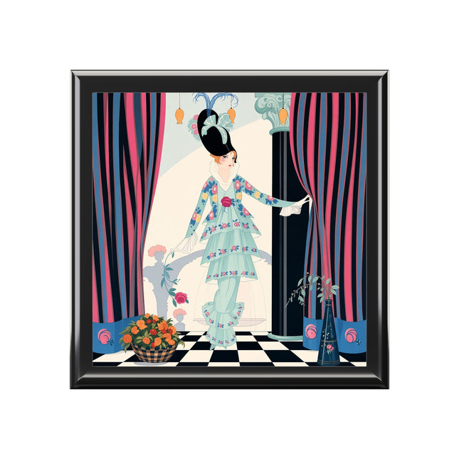 🌹🎭 The Lady Between The Curtains Jewelry Box – Art Deco Floral Theatre