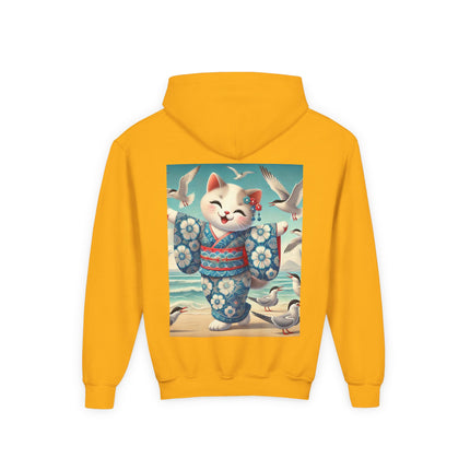 Geisha Kitten by the Seaside Youth Hooded Sweatshirt – Coastal Charm & Playful Style