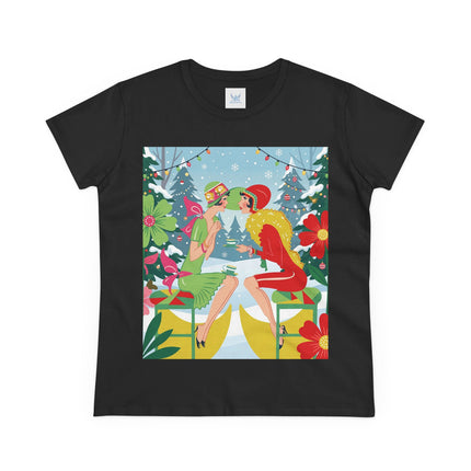 ☕❄️ Christmas Tea In The Snow Garden Cotton Tee – Art Deco Holiday Friendship