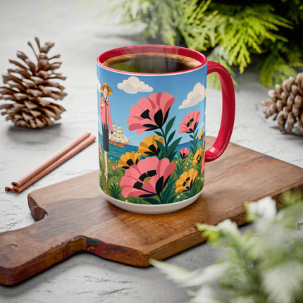🌸⛵ The Seaside Blossom Promenade Colorful Mug – Art Deco Coastal Elegance